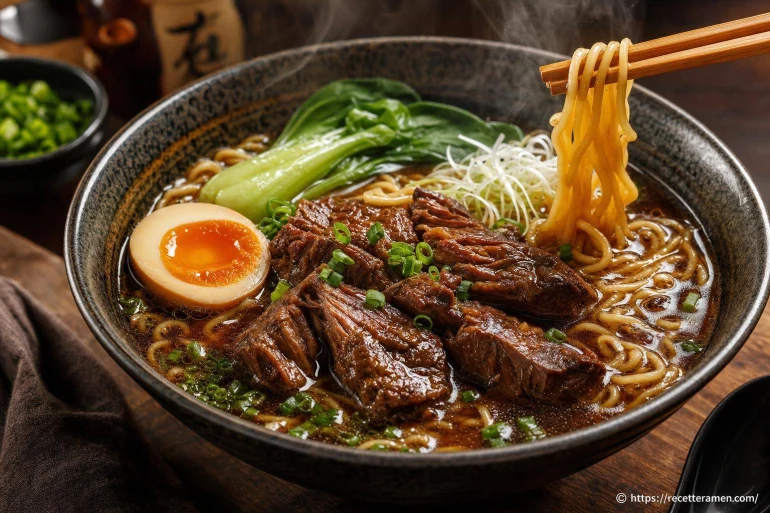 Ramen au bœuf braisé : un bouillon profond et des nouilles fraîches