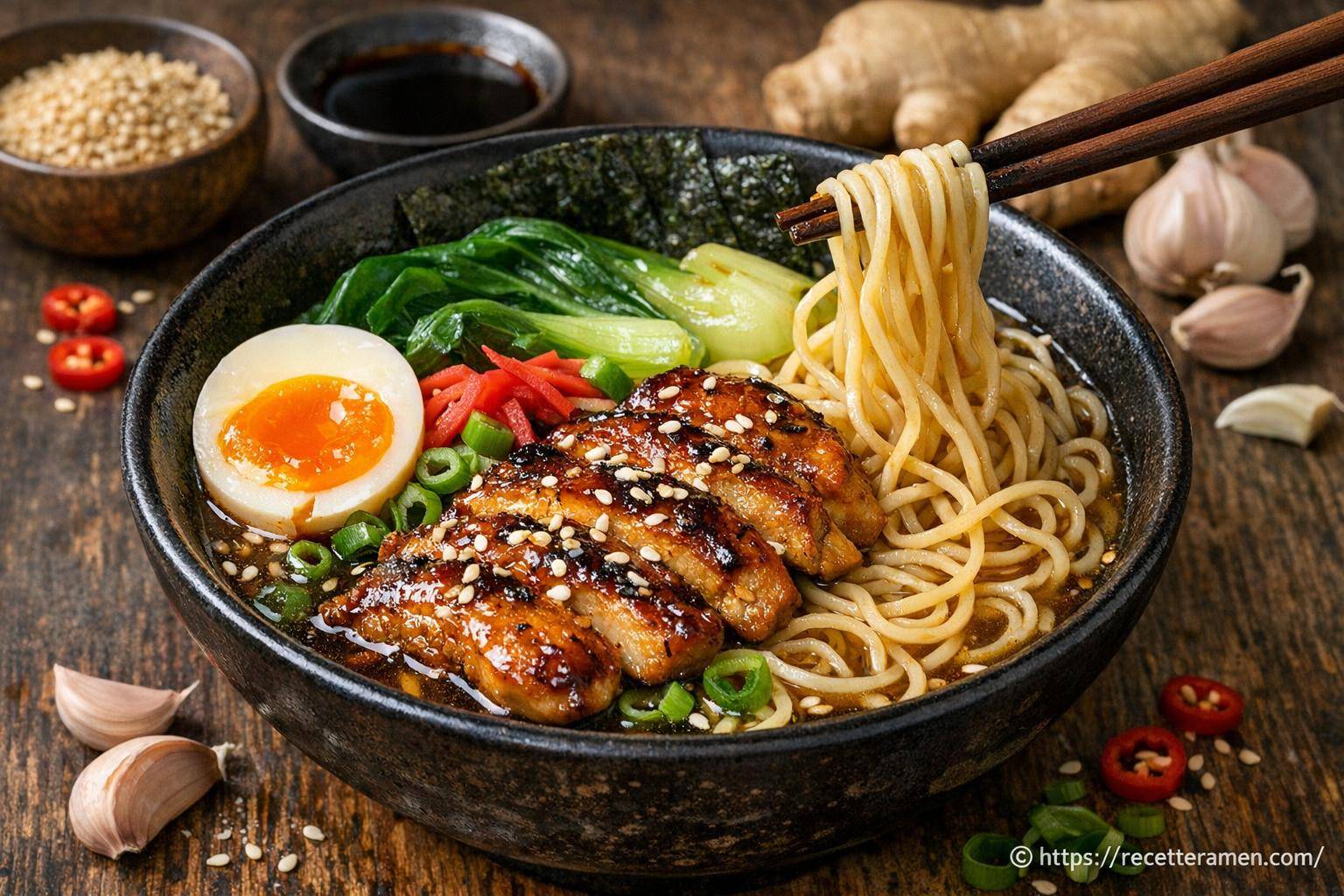 Ramen au poulet caramélisé, sauce soja et gingembre : recette facile et savoureuse