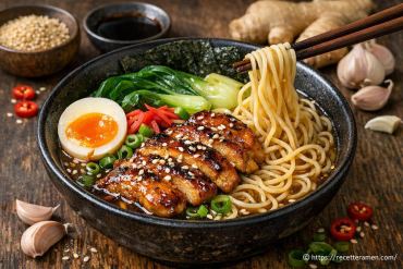 Ramen au poulet caramélisé, sauce soja et gingembre : recette facile et savoureuse