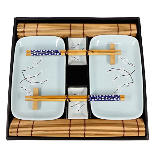 Exzact Plateaux à Sushis 10 pièces/Vaisselle - 2 x Plaques, 2 x Bols de plongée, 2 x Tapis de Bambou à Base, 2 x Supports à Baguettes, 2 x Paires de Baguettes - boîte Cadeau