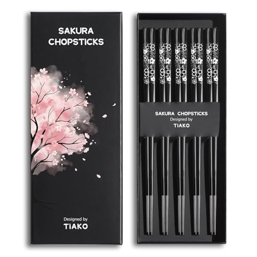 TIAKO Ensemble de 5 paires de baguettes noires à motif de fl