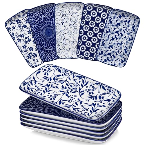 vancasso SELENE Lot de 6 Petites Assiettes Rectangulaires en Porcelaine - 22x13 cm - Assiette Plates pour Desserts, Sushis et Apéritifs - Passent au micro-ondes, four - Chinois Bleu et Blanc - Style B
